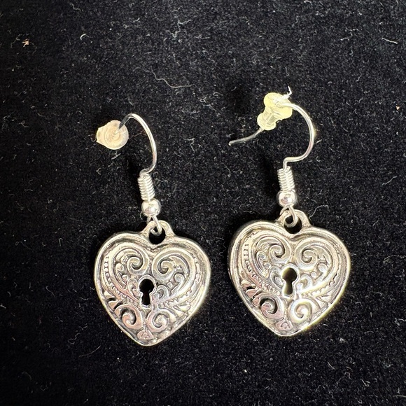 Silver Tone Heart Lock Dangle Earrings - Picture 3 of 6